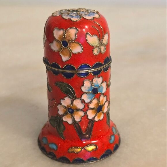 Vintage Cloisonne Red Floral Toothpick Holder Box Enamel Brass - Picture 1 of 12